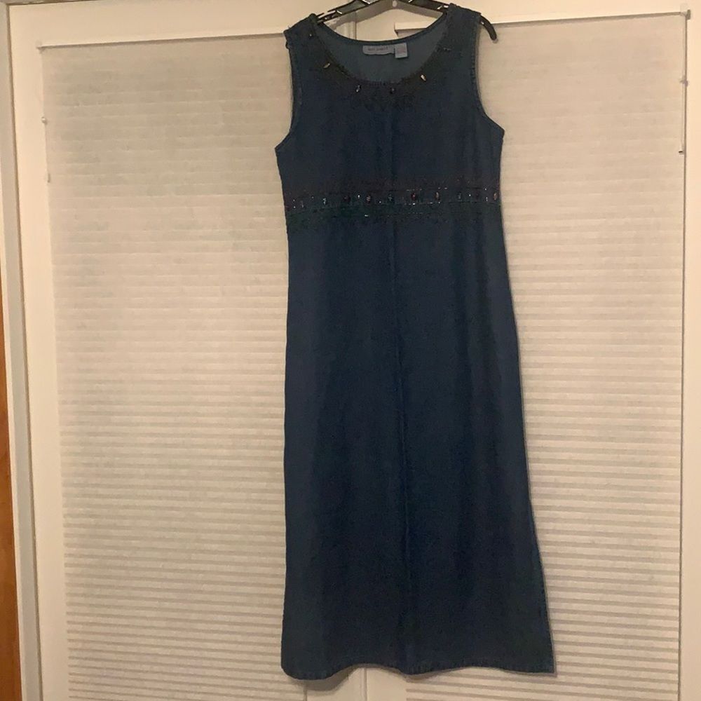 Vintage Dress Jane Ashley Blue Lightweight Denim Maxi Dress Beads Y2K Large